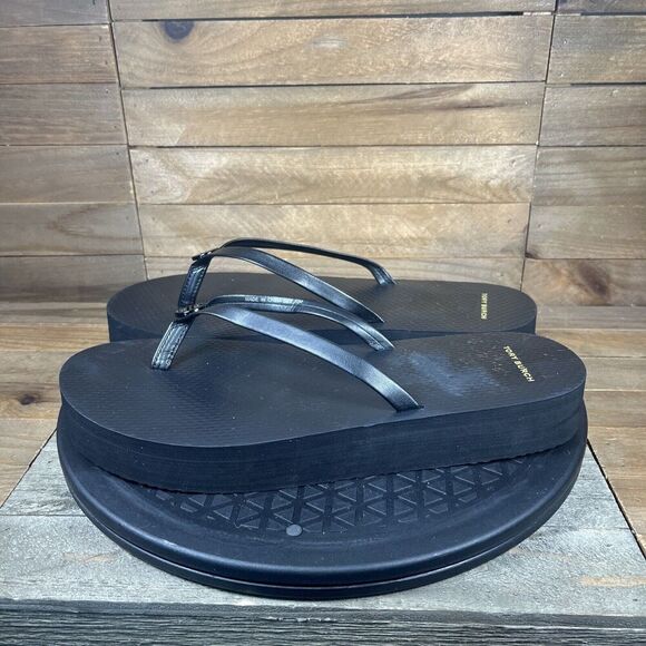 Tory Burch Womens Sz 10 Platform Flip Flop Perfect Black Leather Strap Sandals - Picture 3 of 10